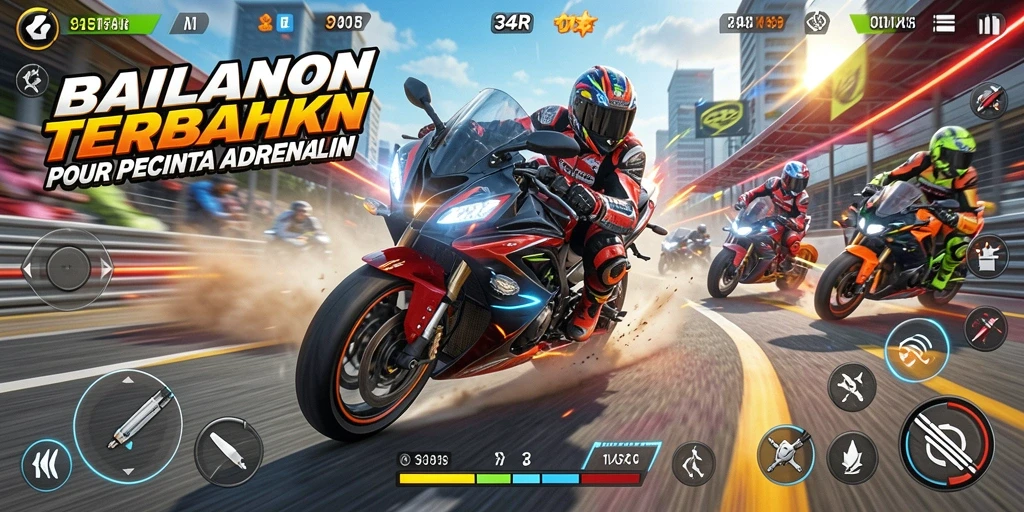 Screenshot 34R menampilkan aksi balapan motor yang seru dan dinamis.