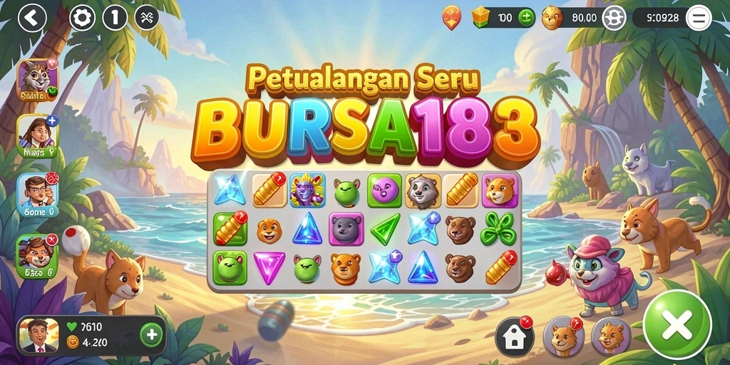 Tangkapan layar gameplay BURSA188 menampilkan aksi mencocokkan permata berwarna.