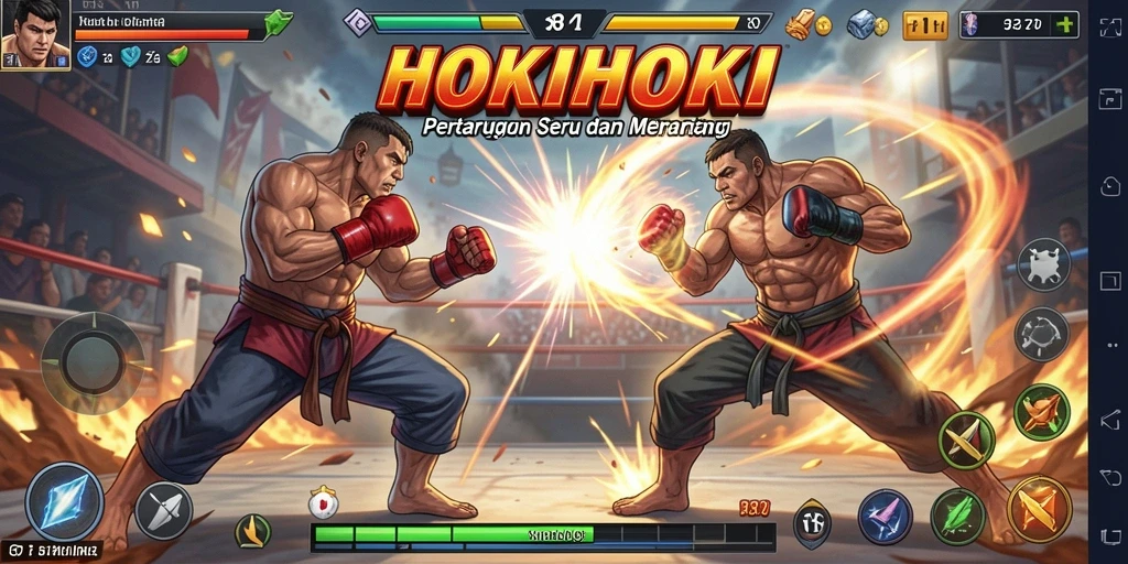Tampilan aksi pertarungan intens di HOKIHOKI dengan karakter-karakter menarik.