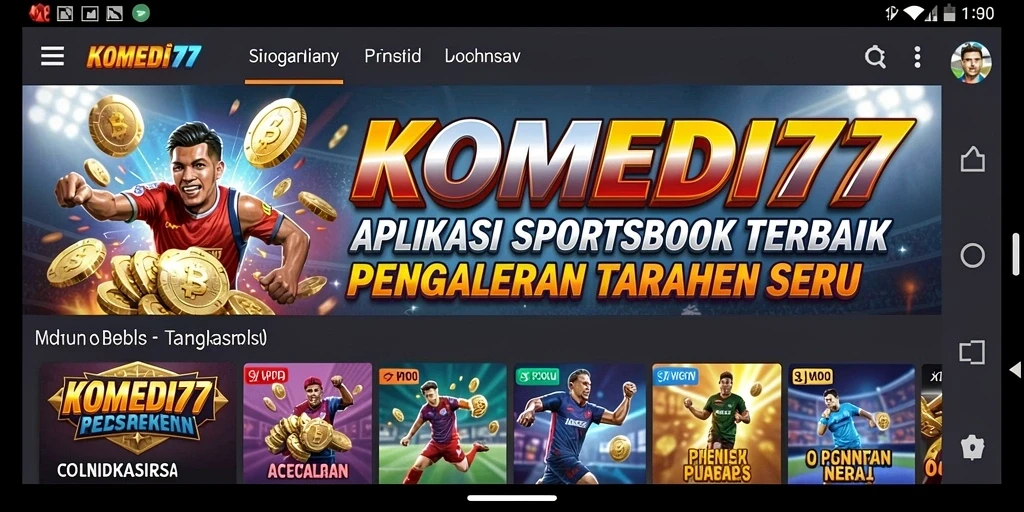 Tampilan antarmuka aplikasi KOMEDI77 dengan fitur Sportsbook yang menarik.