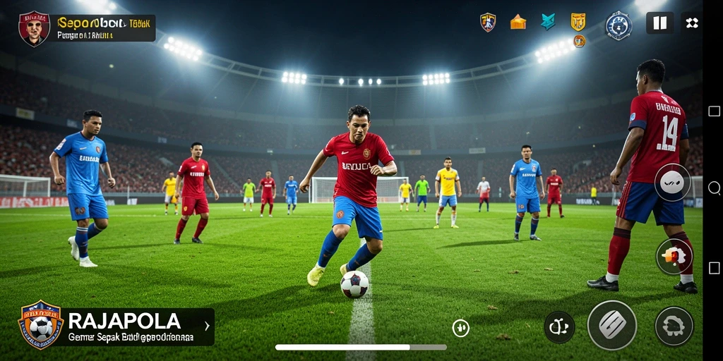 Tampilan gameplay RAJAPOLA yang memukau di lapangan sepak bola virtual.