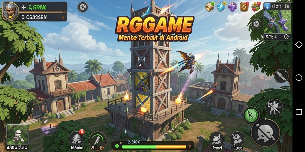 Screenshot gameplay RPGAME yang menampilkan pertahanan menara yang kuat.