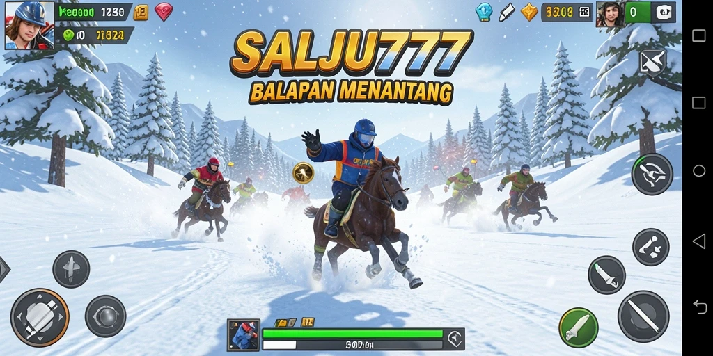 Tangkapan layar menampilkan gameplay balapan mendebarkan di salju.