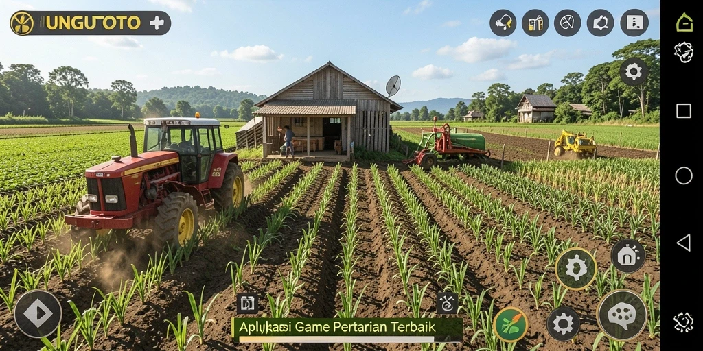 Tangkapan layar gameplay UNGUTOTO yang menunjukkan ladang dan hewan ternak.